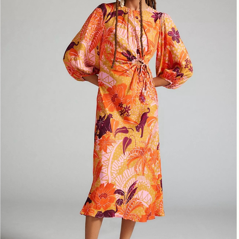 Farm Rio x Anthropologie Puff-Sleeve Cutout Slip Dress NWOT Size Small